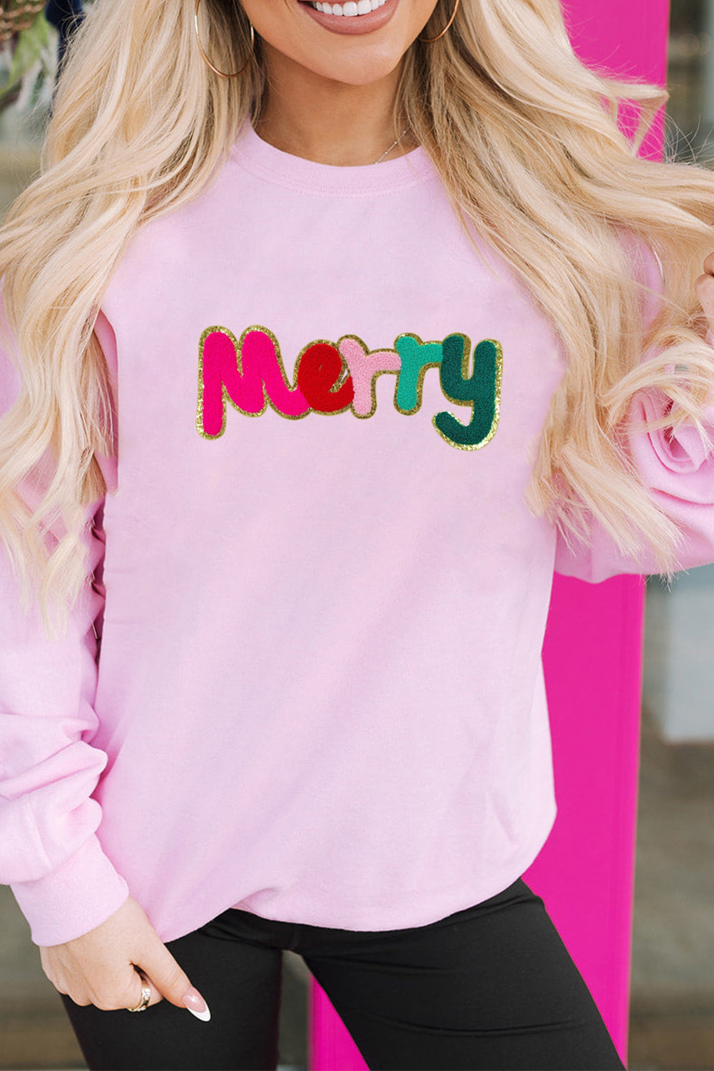 Pink Chenille Merry Graphic Christmas Sweatshirt Pink 50%Polyester+50%Cotton Graphic Sweatshirts JT's Designer Fashion