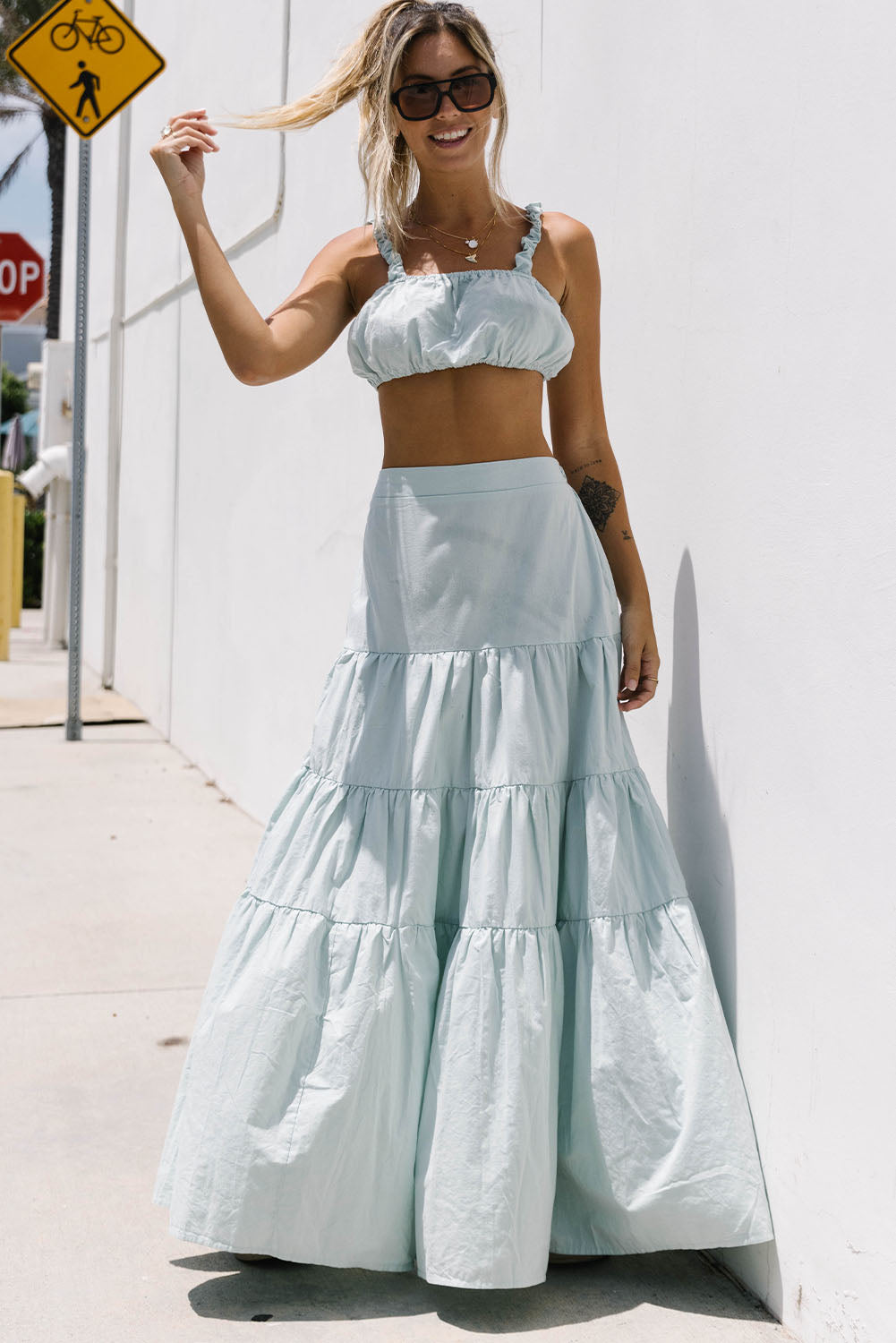 Sky Blue 2pcs Solid Color Crop Top Tiered Maxi Skirt Set Two Piece Dresses JT's Designer Fashion