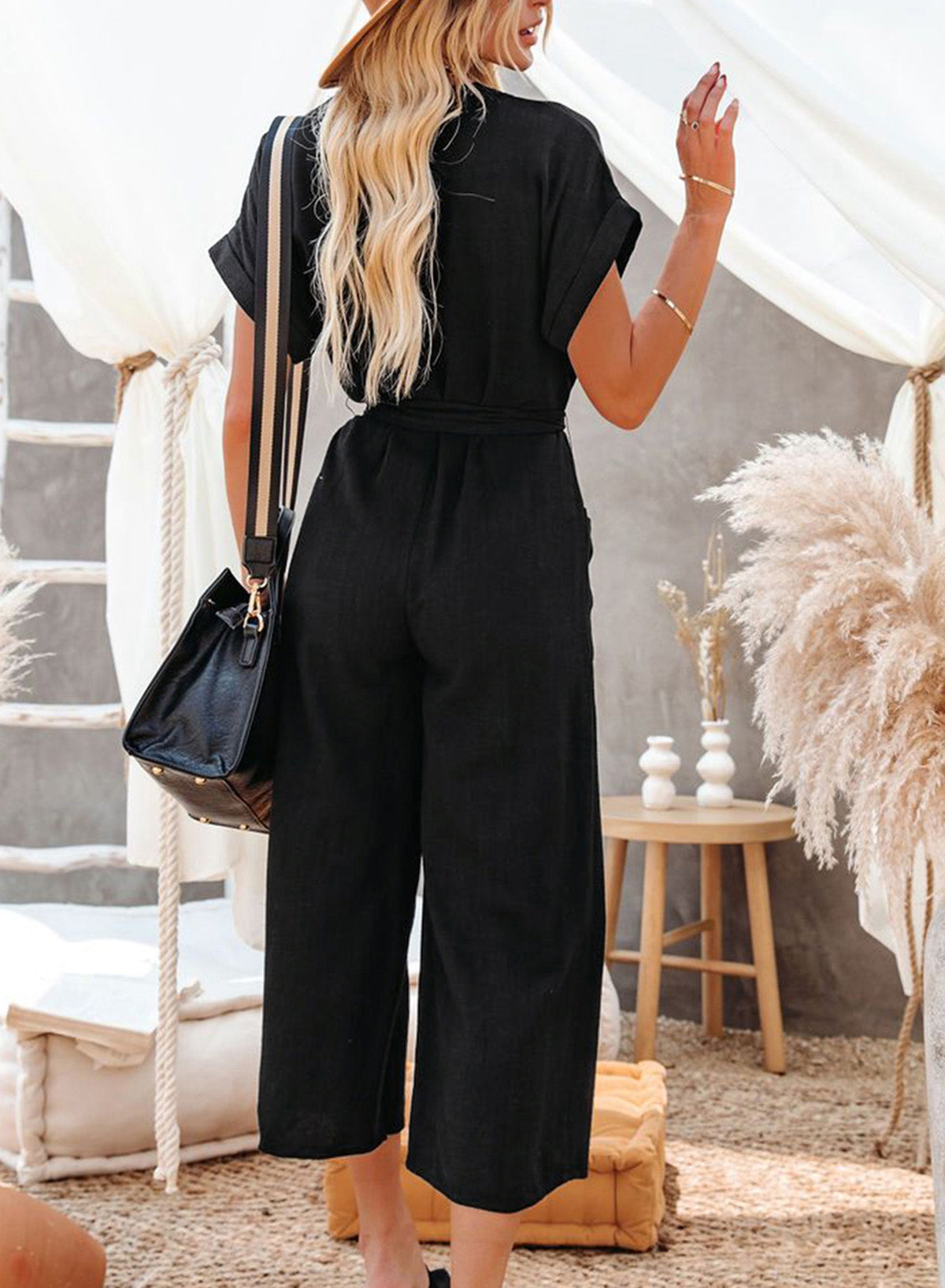 Black Floral Print Buttoned Lace-up Belted Wide Leg Jumpsuit Jumpsuits & Rompers JT's Designer Fashion