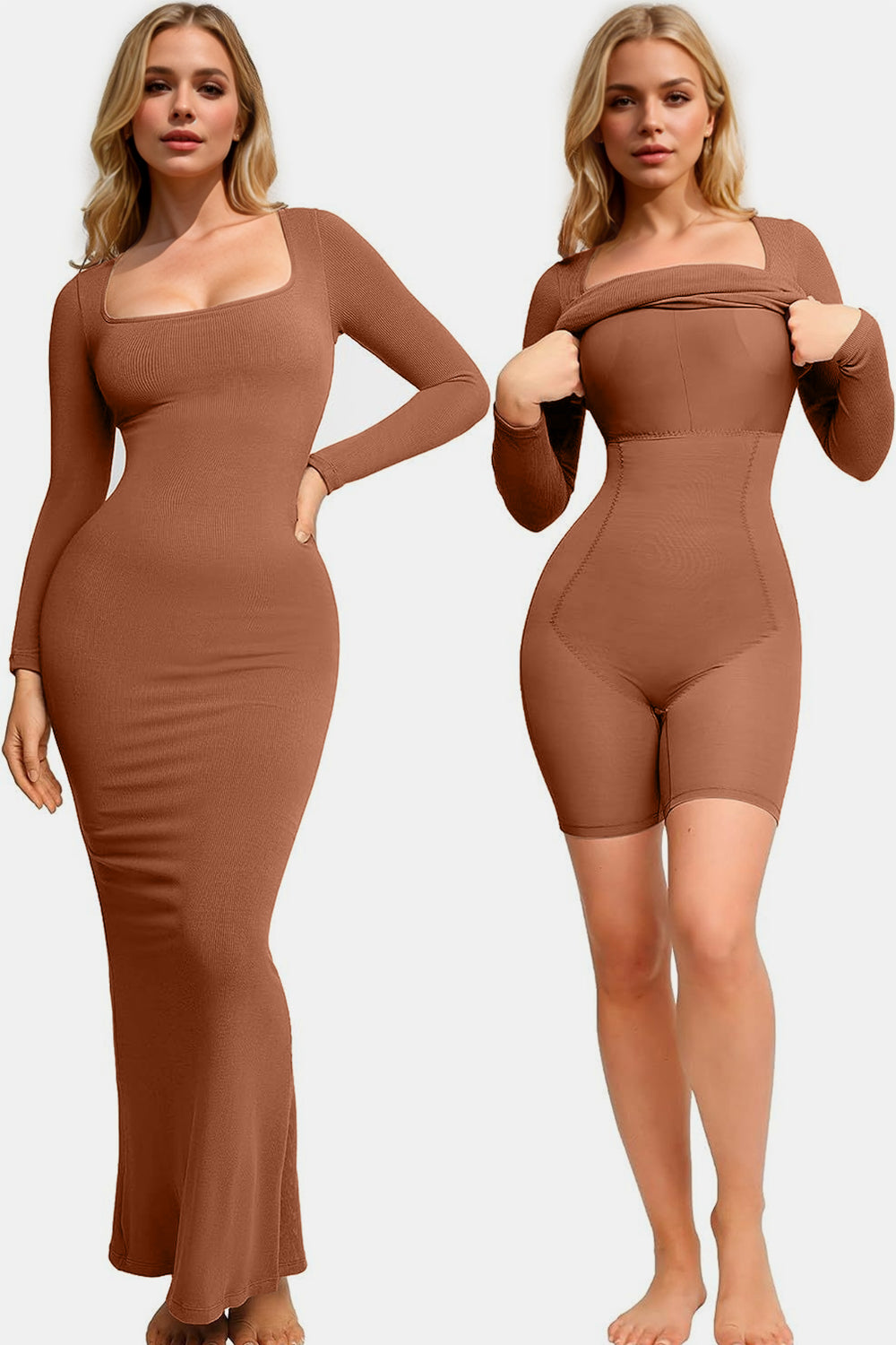 Basic Bae Built-In Shapewear Square Neck Long Sleeve Maxi Dress Caramel Maxi Dresses JT's Designer Fashion