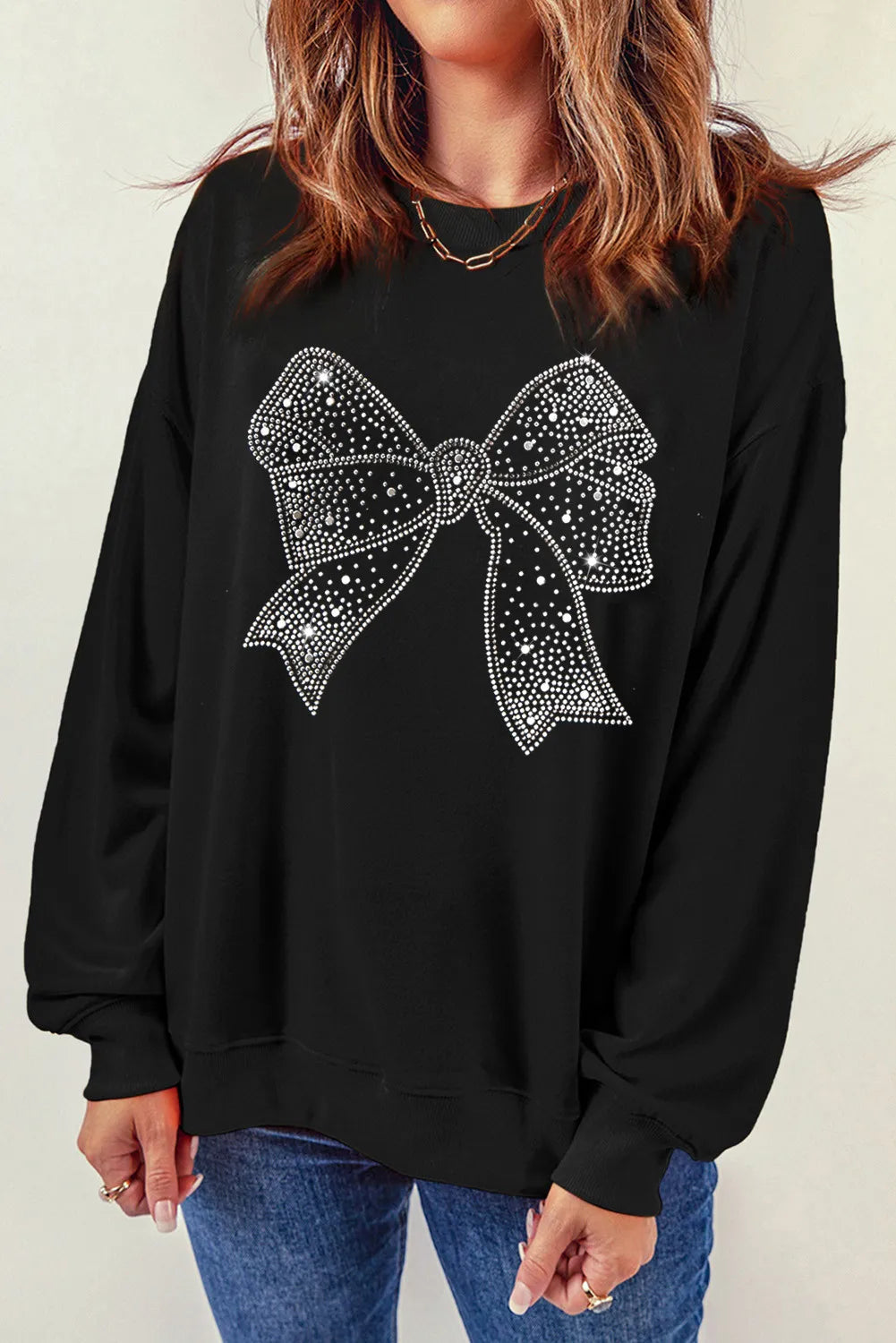 Rhinestone Bow Round Neck Long Sleeve Sweatshirt Black Long Sleeve Tops JT's Designer Fashion