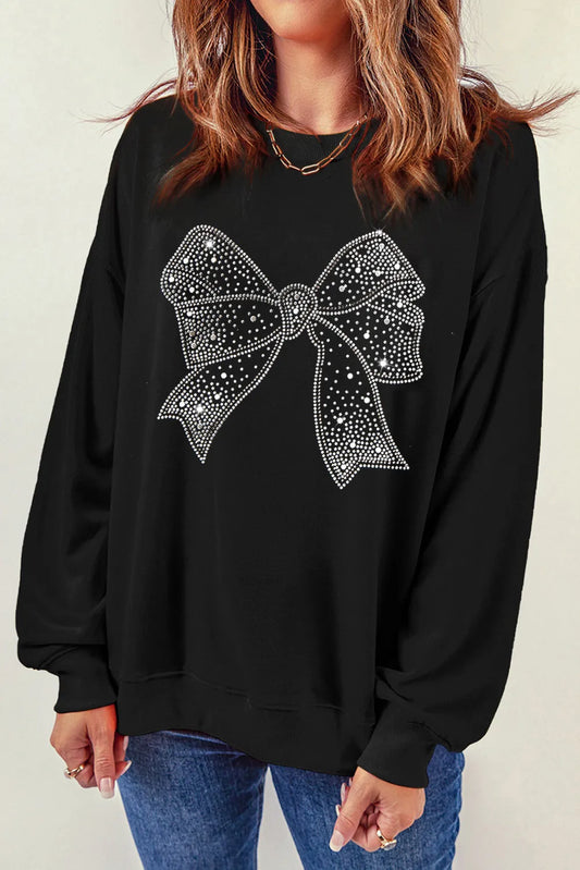 Rhinestone Bow Round Neck Long Sleeve Sweatshirt Black Long Sleeve Tops JT's Designer Fashion