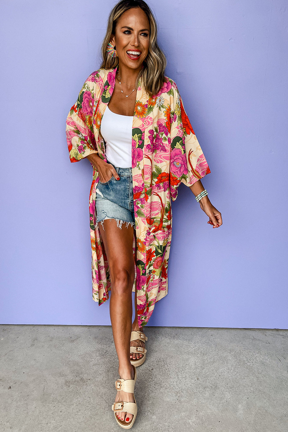 Pink Floral Allover Print Open Front Belted Duster Kimono Kimonos JT's Designer Fashion