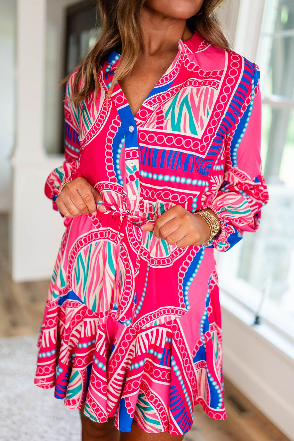 Rose Boho Abstract Printed Puff Sleeve Drawstring Waist Ruffled Mini Dress Mini Dresses JT's Designer Fashion
