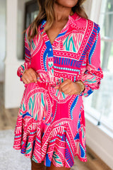 Rose Boho Abstract Printed Puff Sleeve Drawstring Waist Ruffled Mini Dress Mini Dresses JT's Designer Fashion