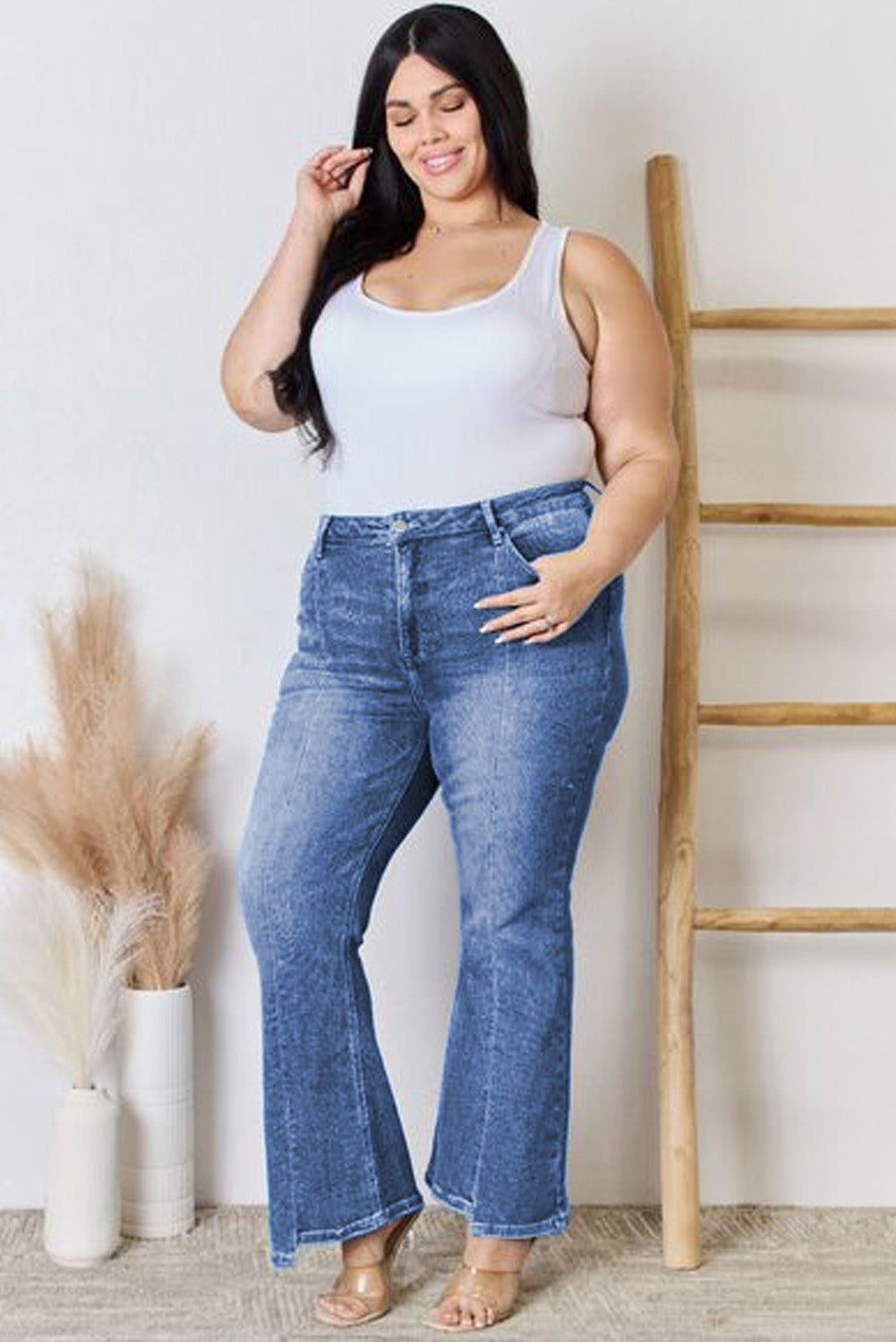 Blue Plus Size Exposed Seam High Waist Flare Jeans Plus Size Bottoms JT's Designer Fashion