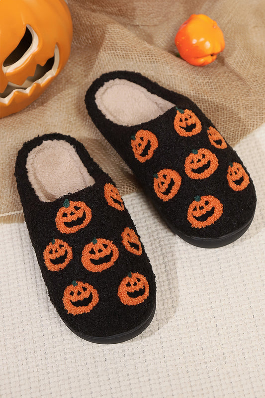 Black Halloween Pumpkin Plush Home Slippers Slippers JT's Designer Fashion