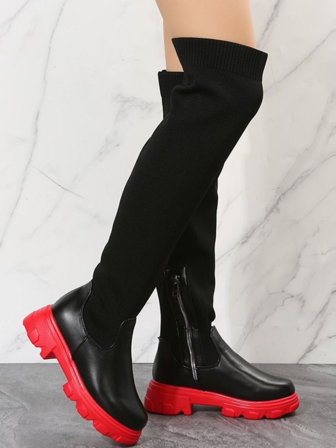 Leather Round Toe Platform Boots Black Red Boots JT's Designer Fashion