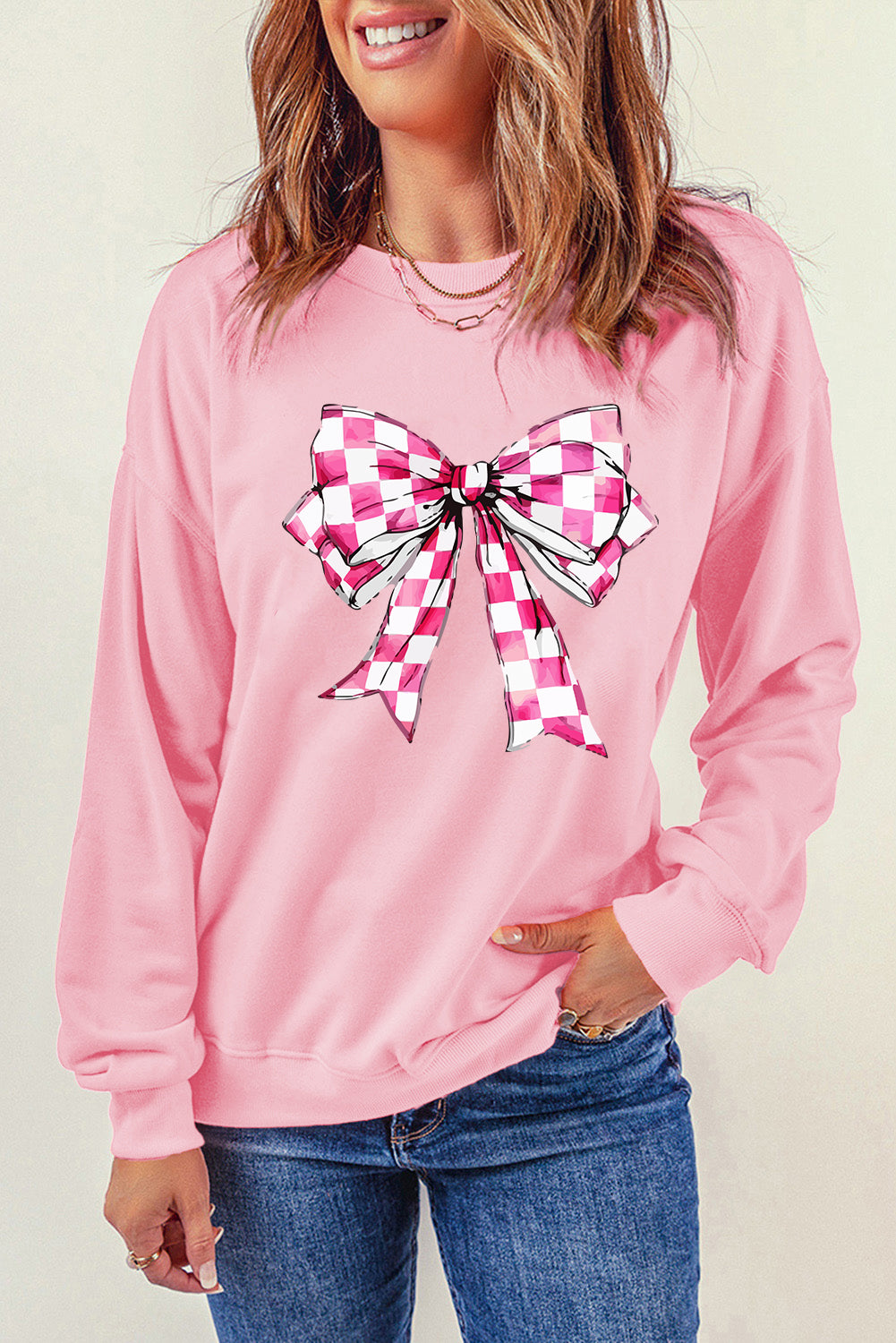 Pink Checkerboard Bow Graphic Round Neck Valentines Sweatshirt Graphic Sweatshirts JT's Designer Fashion