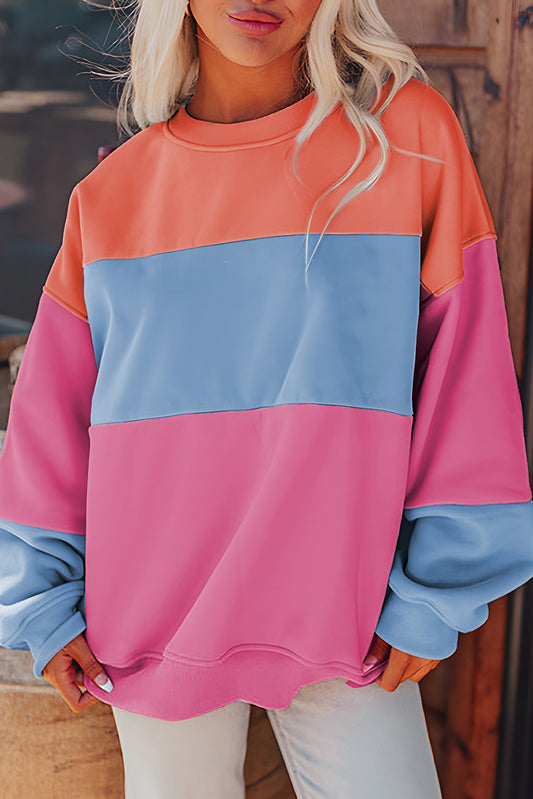 Bright Pink Colorblock Patchwork Drop Shoulder Sweatshirt Sweatshirts & Hoodies JT's Designer Fashion