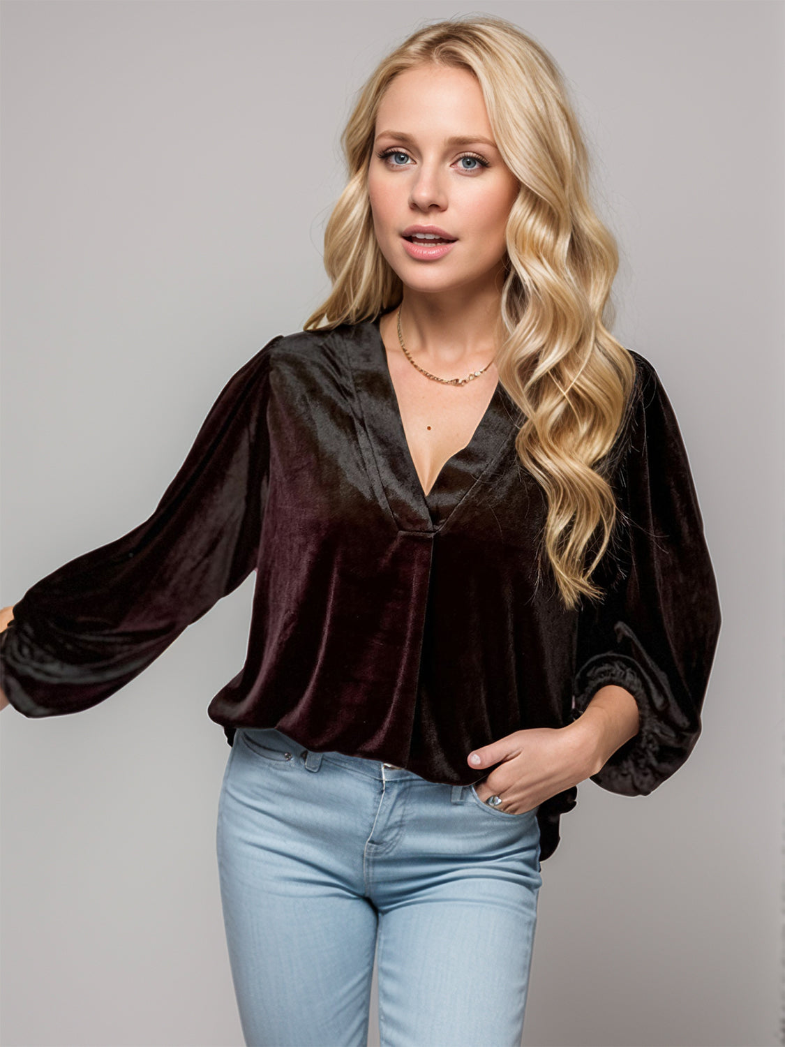 V-Neck Three-Quarter Sleeve Blouse Long Sleeve Tops JT's Designer Fashion