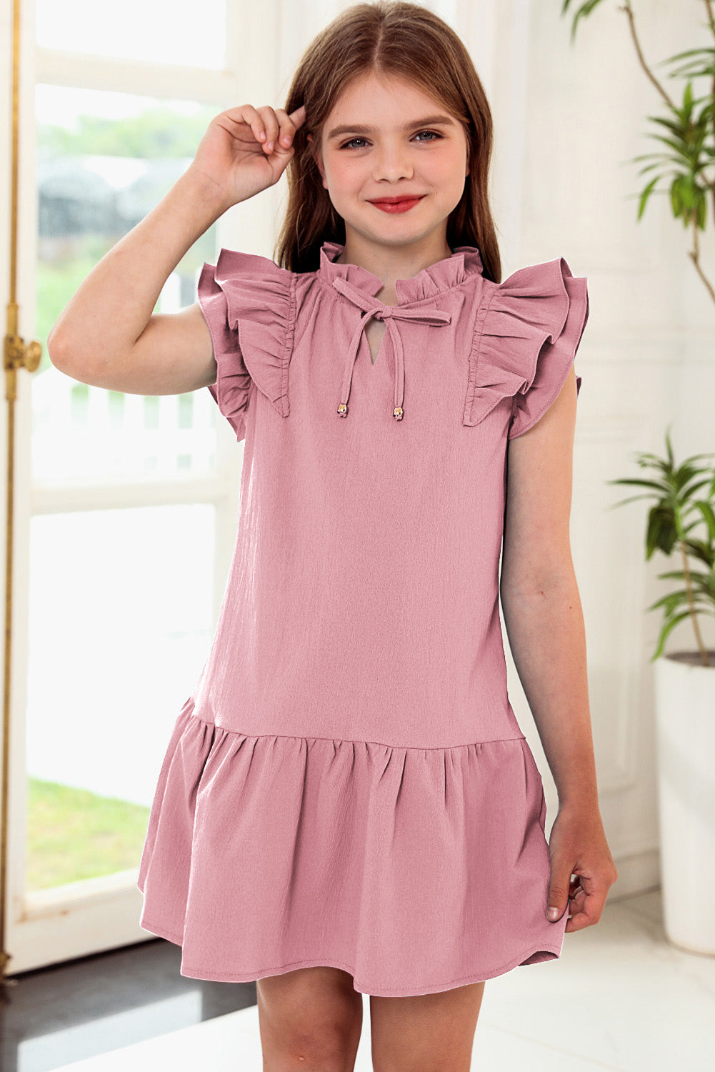 Tie Neck Flutter Sleeve Dress Moonlit Mauve Girls Dresses JT's Designer Fashion