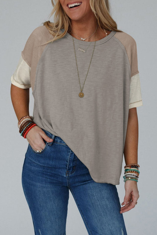 Simply Taupe Exposed Seam Colorblock Loose Tee Tops & Tees JT's Designer Fashion