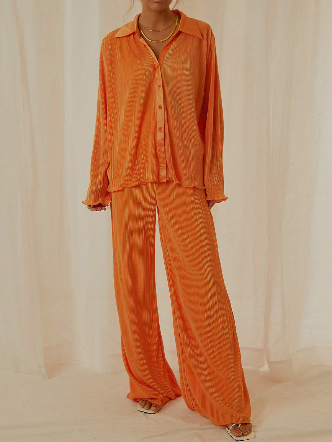 Collared Neck Long Sleeve Top and Pants Lounge Set Orange Sleepwear JT's Designer Fashion