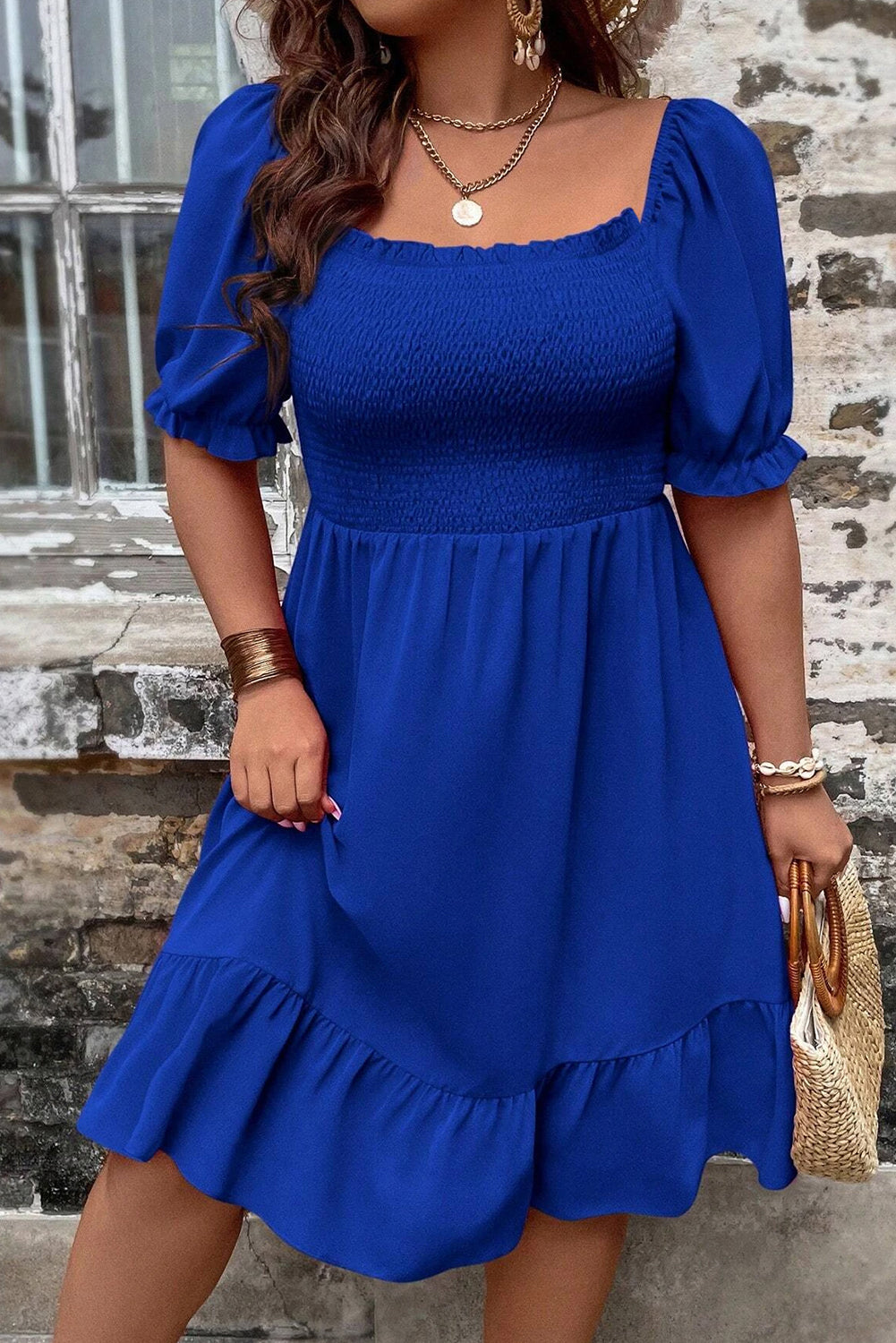 Dark Blue Shirred Ruffled Square Neck Plus Size Mini Dress Plus Size JT's Designer Fashion