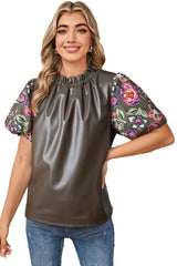 Four Leaf Clover Floral Bubble Sleeve Patchwork Leatherette Frilled Round Neck Blouse Blouses & Shirts JT's Designer Fashion
