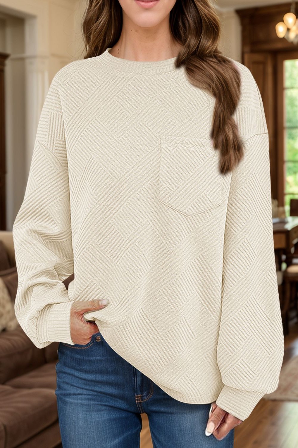 Full Size Texture Round Neck Long Sleeve Sweatshirt Tan Long Sleeve Tops JT's Designer Fashion