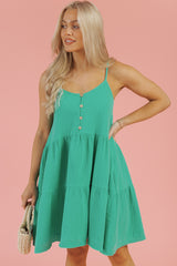 Sea Green Textured Buttoned Thin Strap Tiered Loose Fit Mini Dress Mini Dresses JT's Designer Fashion
