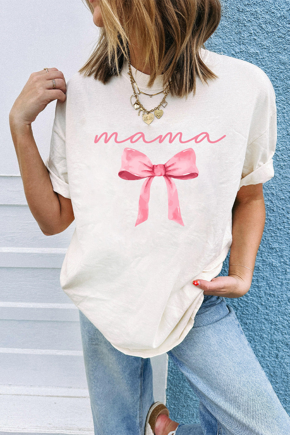 White MAMA Bowknot Graphic Crewneck Tee Graphic Tees JT's Designer Fashion