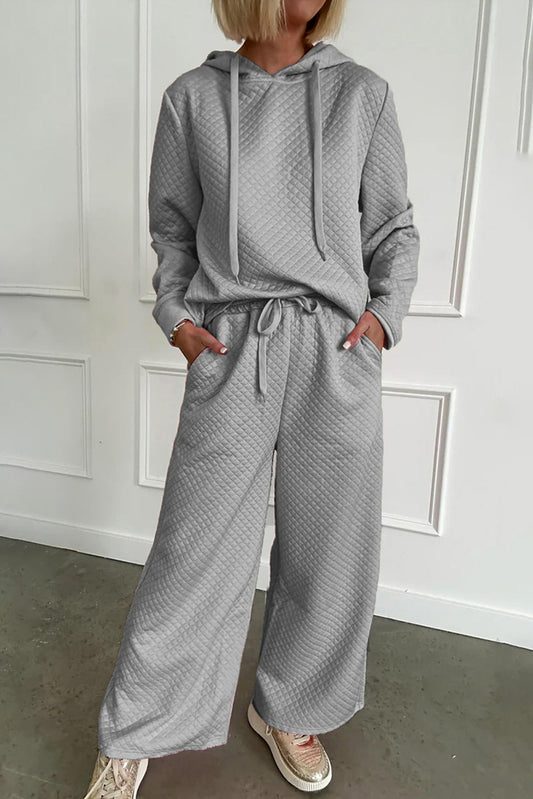 Gray Solid Color Drawstring Hoodie and Wide Leg Pants Set Pant Sets JT's Designer Fashion