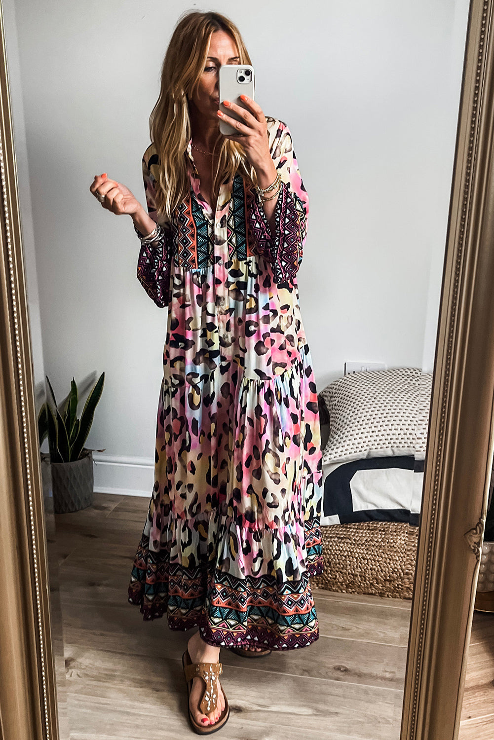 Pink Western Leopard Printed 3/4 Sleeve Buttoned Front Tiered Maxi Dress Maxi Dresses JT's Designer Fashion