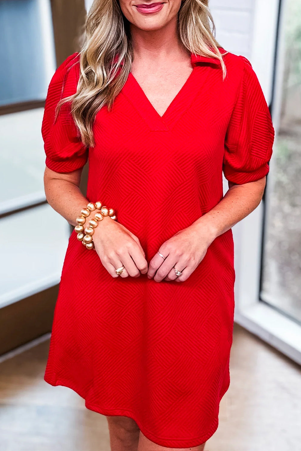 Fiery Red Textured Collared V Neck Puff Short Sleeve Shift Mini Dress Mini Dresses JT's Designer Fashion