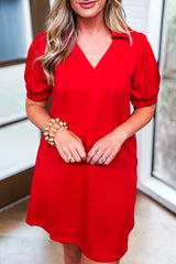 Fiery Red Textured Collared V Neck Puff Short Sleeve Shift Mini Dress Mini Dresses JT's Designer Fashion