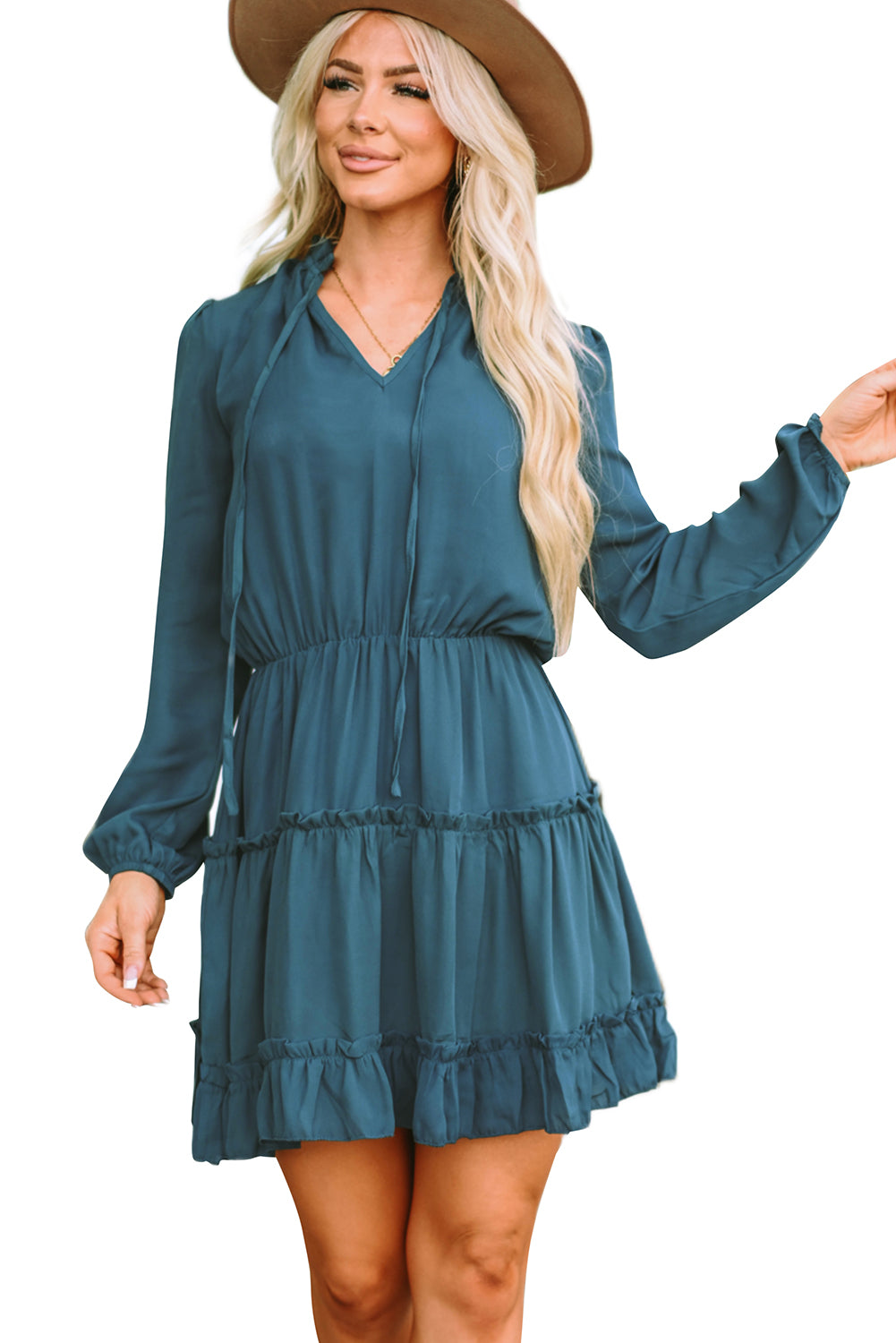 Cute V Neck Long Sleeve Ruffle Tiered Mini Dress Mini Dresses JT's Designer Fashion