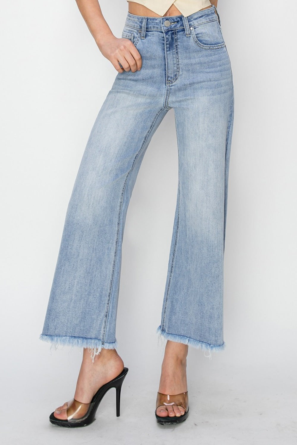 High Rise Crop Wide Fray Hem Jeans Jeans JT's Designer Fashion