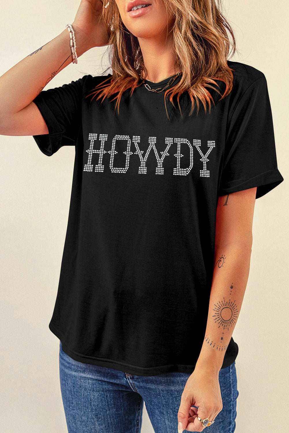 Black HOWDY Rhinestone Slim Fit Crew Neck T Shirt Graphic Tees JT's Designer Fashion