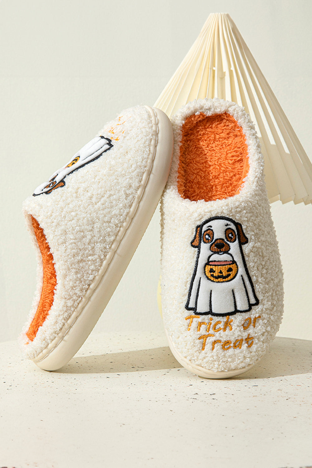 White Cute Ghost Trick Or Treat Pattern Plush Winter Home Slippers Slippers JT's Designer Fashion