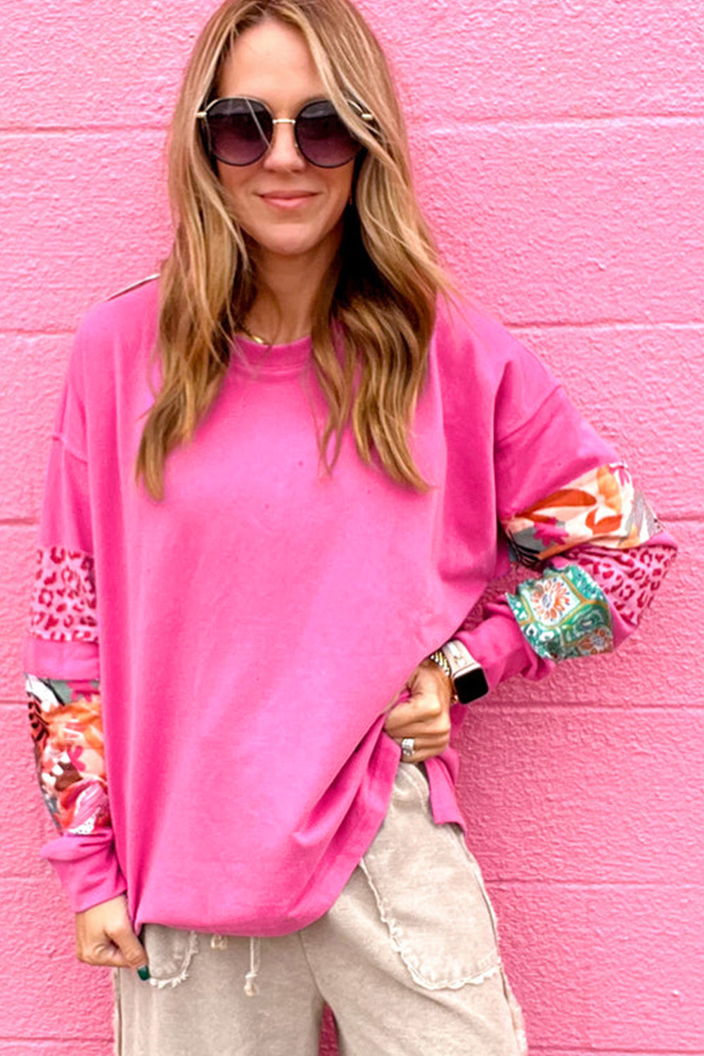 Sachet Pink Mixed Print Patch Drop Shoulder Pullover Top Long Sleeve Tops JT's Designer Fashion