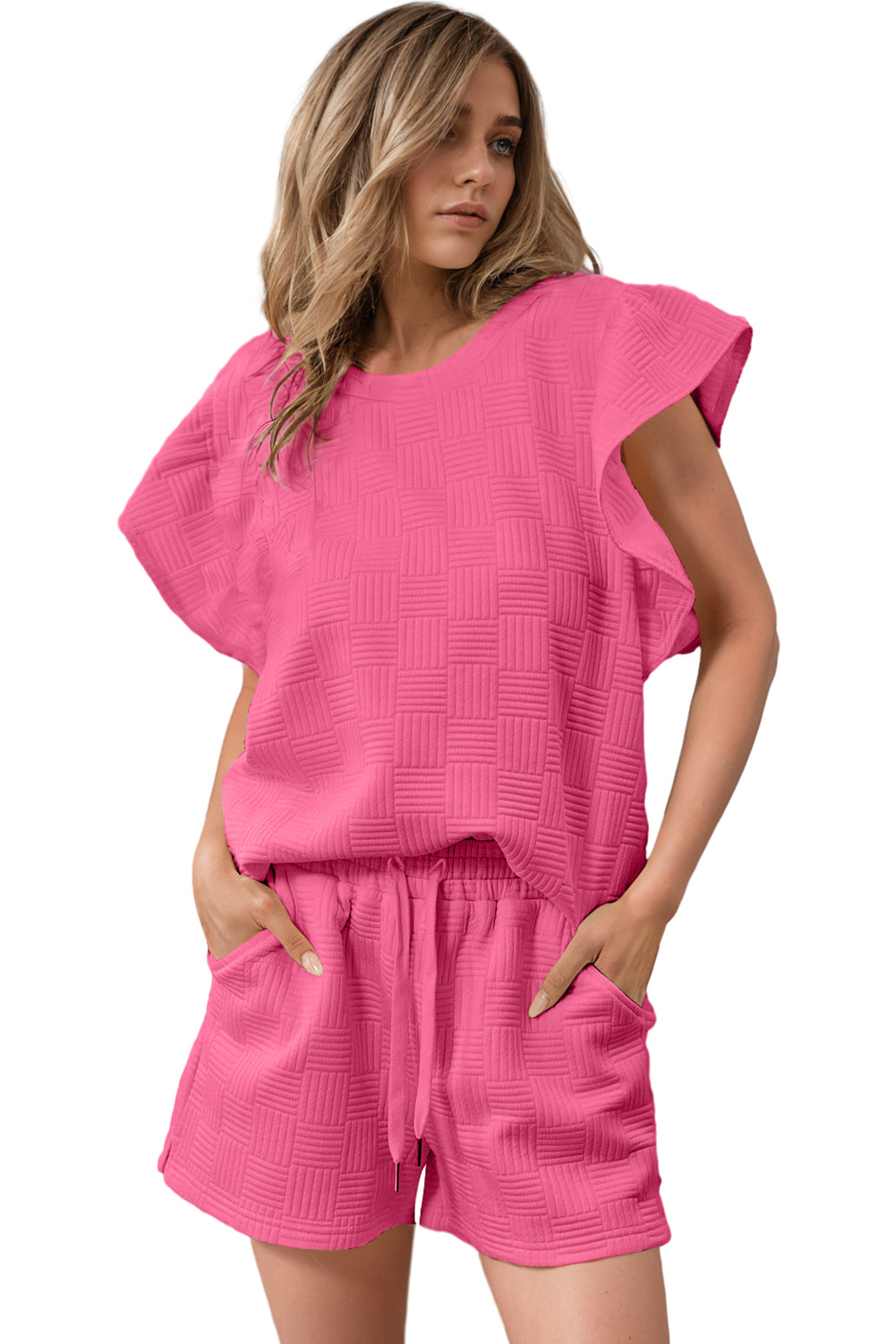 Bonbon Textured Ruffled Sleeve Tee and Drawstring Shorts Set Bottoms JT's Designer Fashion