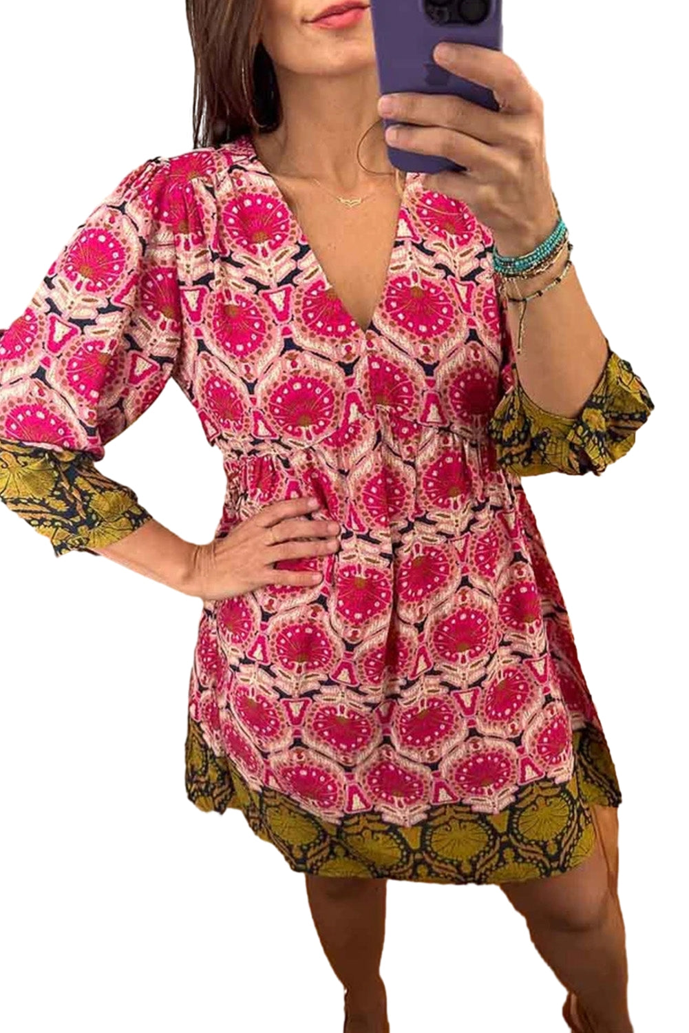 Strawberry Pink Retro Printed V Neck Bracelet Sleeve Dress Mini Dresses JT's Designer Fashion