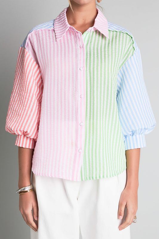 Pink Stripe Color Block Balloon Sleeve Buttoned Loose Fit Shirt Blouses & Shirts JT's Designer Fashion