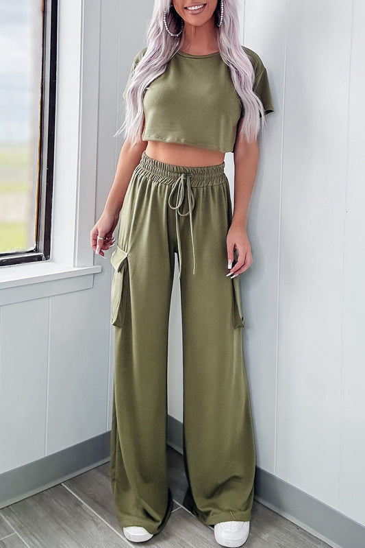 Jungle Green Solid Crop Tee and Drawstring Cargo Pant Set Bottoms JT's Designer Fashion