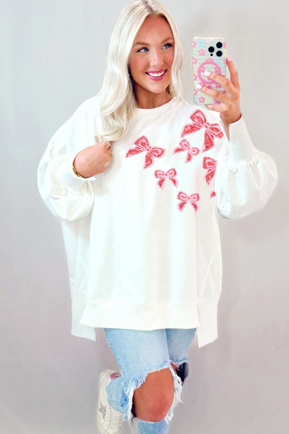 White Sequin Bowknot High Low Oversize Sweatshirt Sweatshirts & Hoodies JT's Designer Fashion