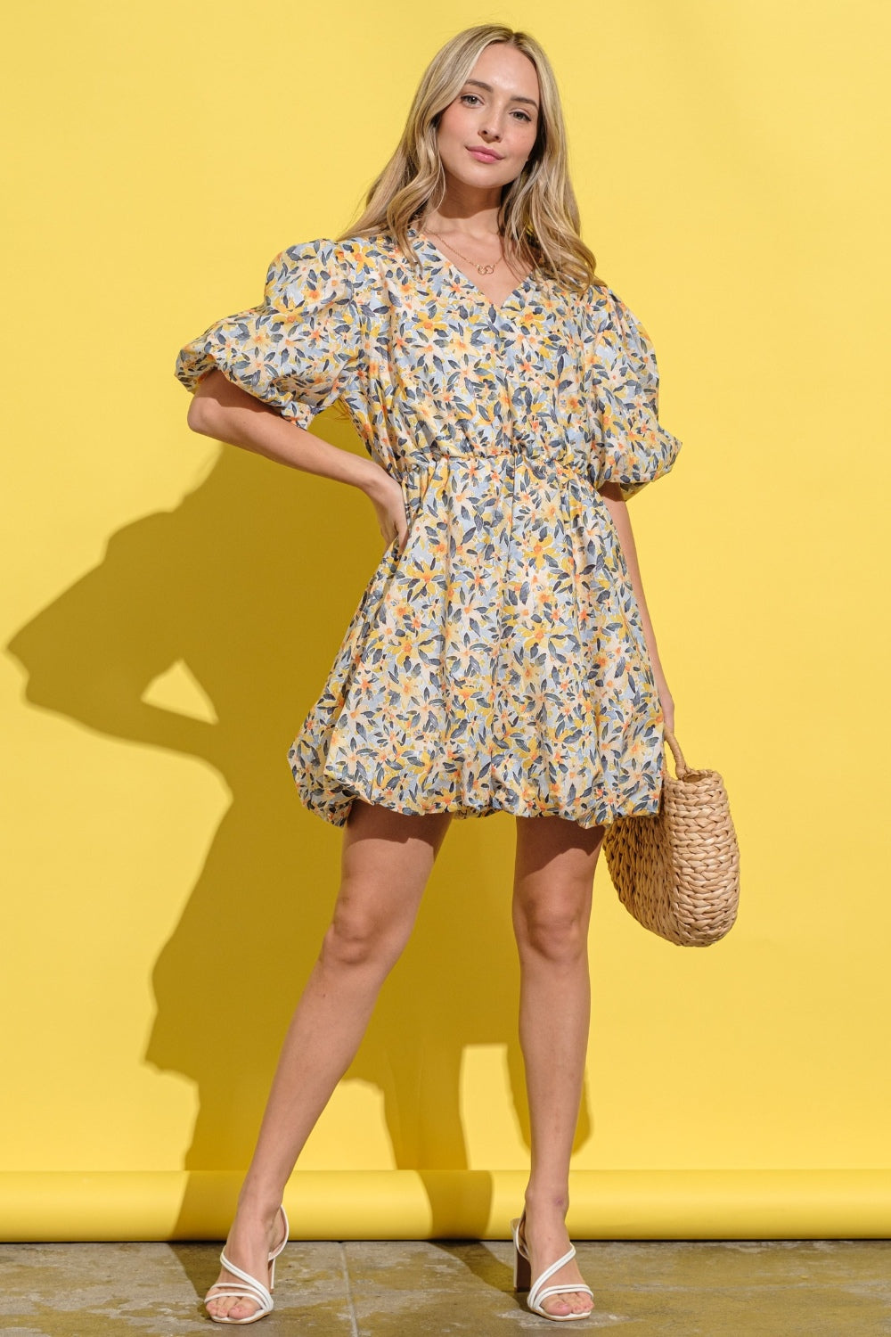 Floral Surplice Puff Sleeve Dress Yellow Multi Mini Dresses JT's Designer Fashion