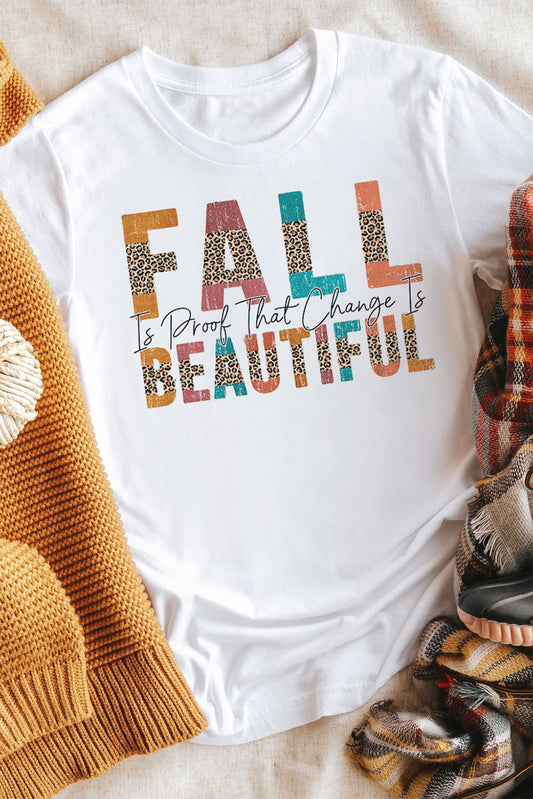 White FALL BEAUTIFUL Leopard Print Short Sleeve T Shirt White 95%Polyester+5%Elastane Graphic Tees JT's Designer Fashion