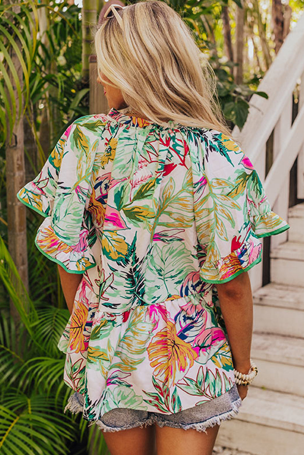 White Tropical Floral Print Ruffled Short Sleeve Blouse Tops & Tees JT's Designer Fashion