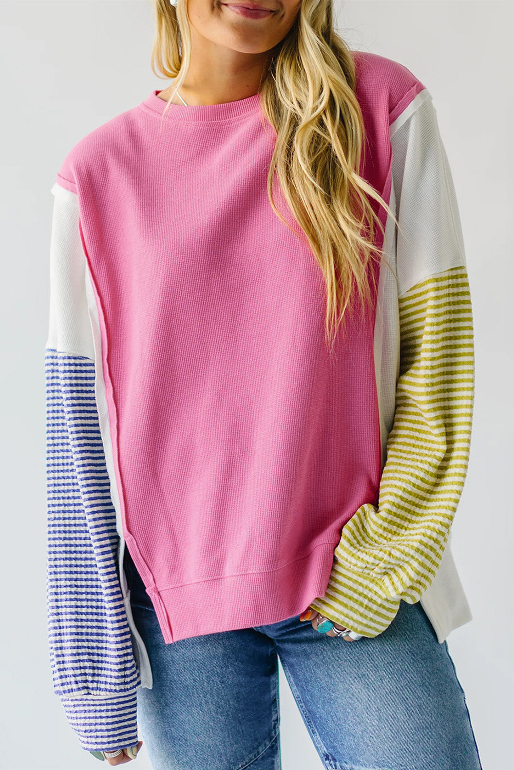 Sachet Pink Exposed Seam Striped Color Block Patchwork Long Sleeve Top Long Sleeve Tops JT's Designer Fashion