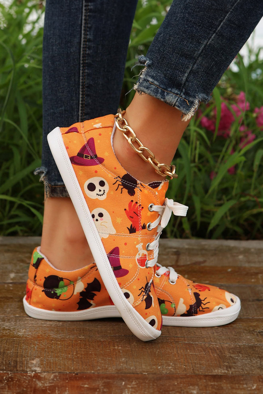 Orange Halloween Pumpkin Ghost Print Lace-up Flat Shoes Women's Shoes JT's Designer Fashion