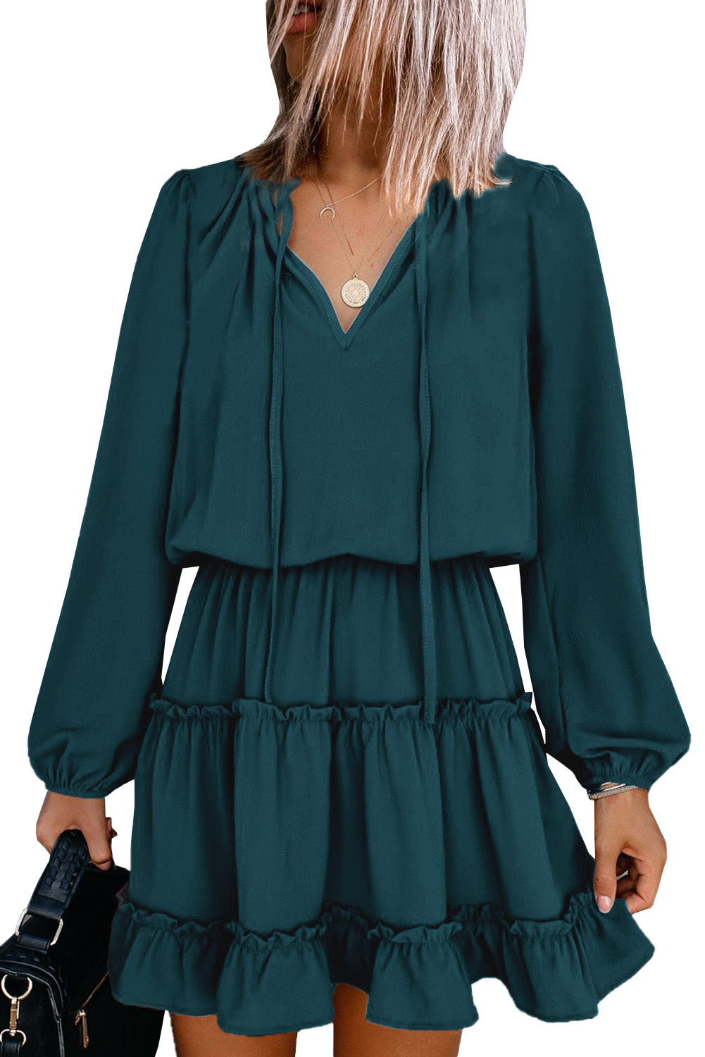 Green V Neck Long Sleeve Ruffle Tiered Mini Dress Mini Dresses JT's Designer Fashion