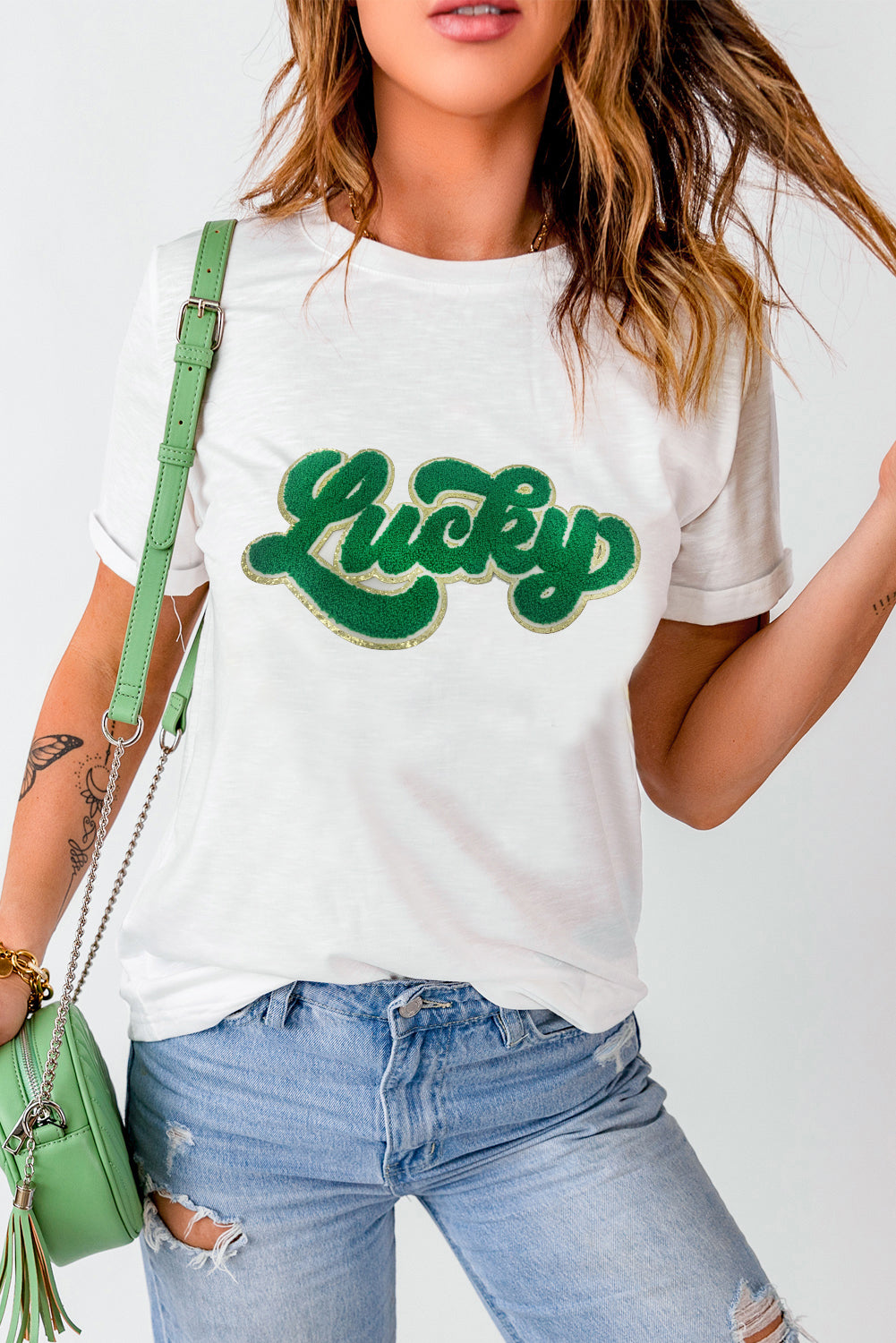 White St. Patrick Lucky Chenille Glitter Patched Graphic T Shirt Graphic Tees JT's Designer Fashion