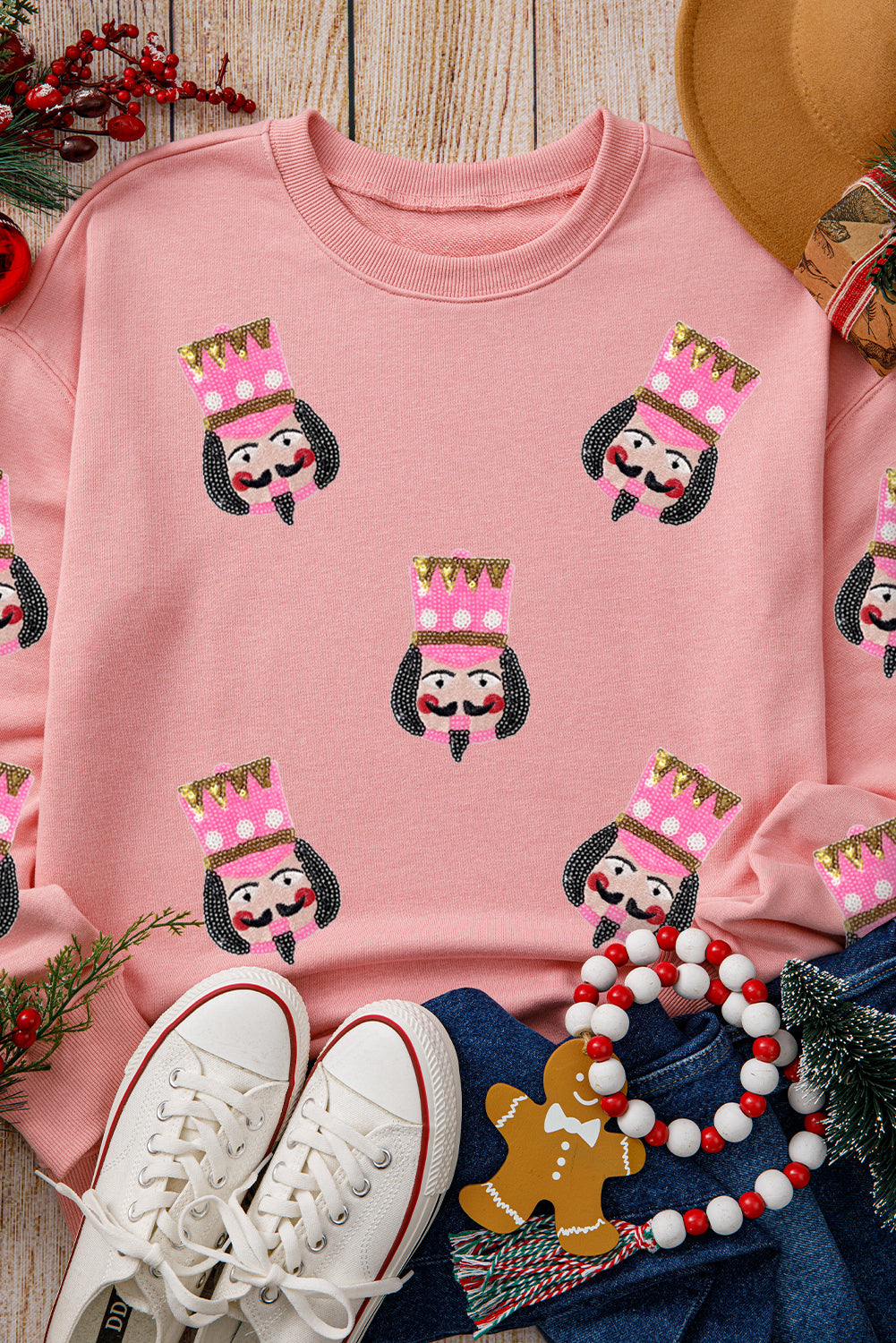 Pink Sequin Nutcracker Graphic Drop Shoulder Christmas Sweatshirt Graphic Sweatshirts JT's Designer Fashion