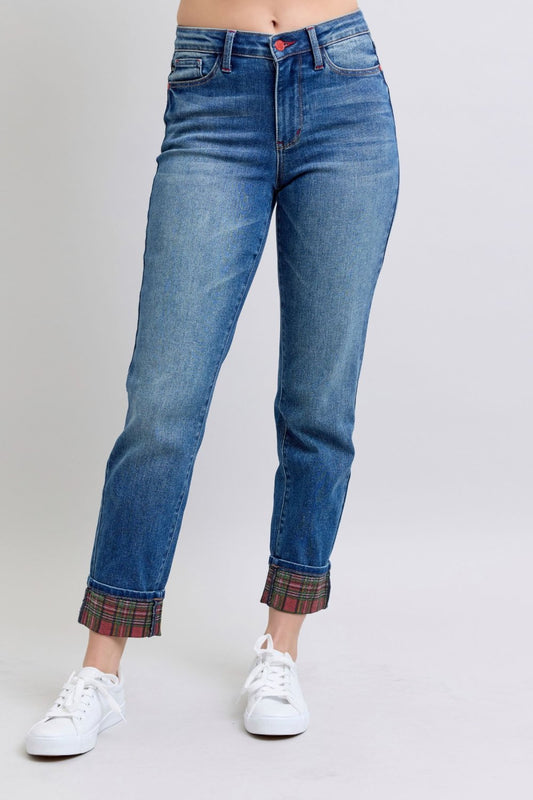 Judy Blue Full Size Plaid Print Cuff Straight Leg Jeans with Pockets Jeans JT's Designer Fashion