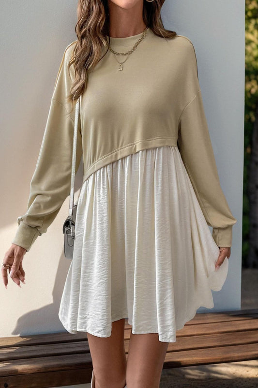 Contrast Round Neck Long Sleeve Mini Dress Tan Mini Dresses JT's Designer Fashion