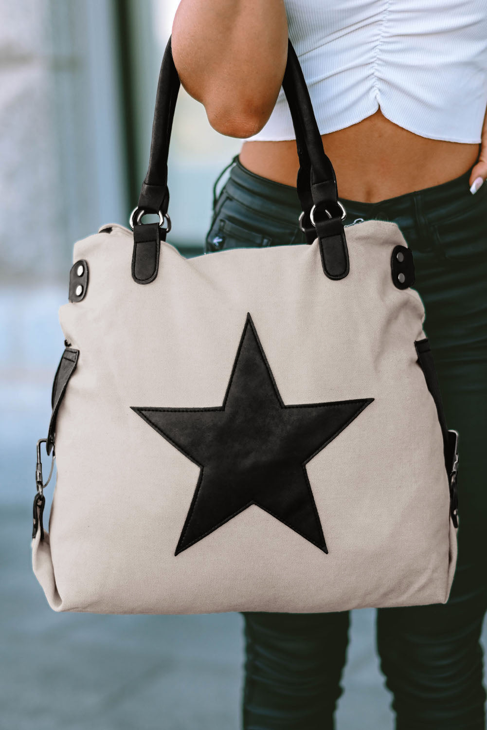 Beige Casual Five-pointed Star Canvas Tote Bag Handbags JT's Designer Fashion