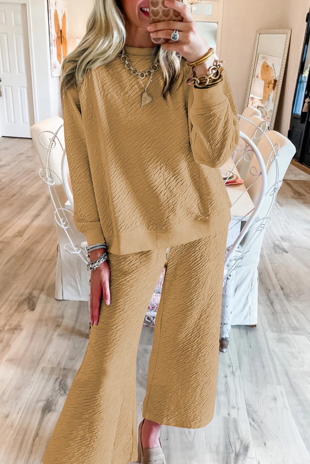 Light French Beige Textured Long Sleeve Top Drawstring Pants Set Pant Sets JT's Designer Fashion