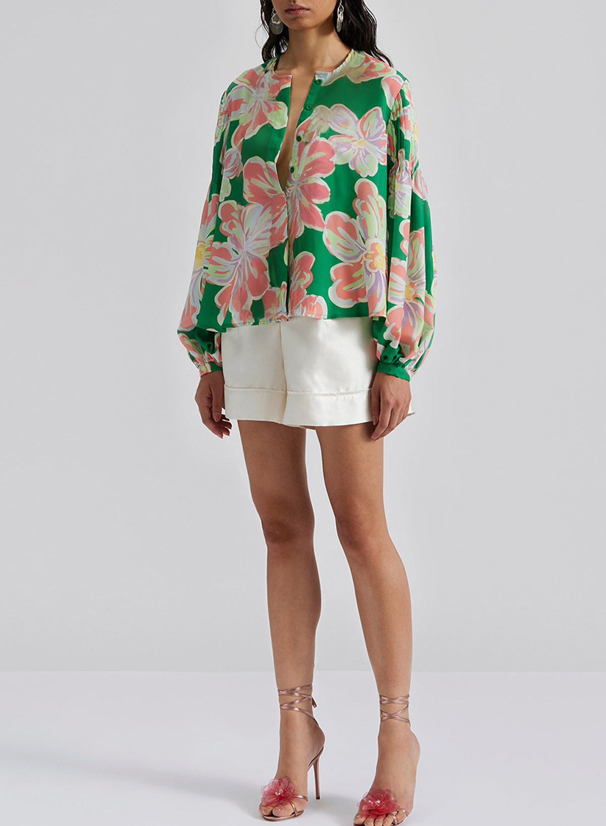 Green Floral Print Button up Pleated Puff Sleeve Loose Shirt Blouses & Shirts JT's Designer Fashion